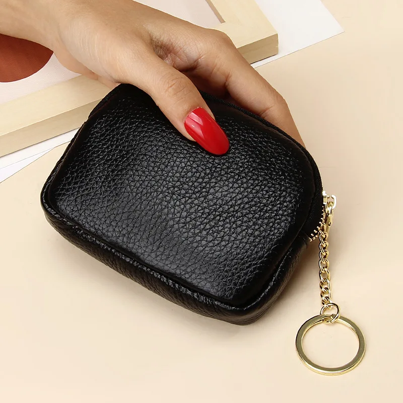 Cowhide Clutch Zipper Wallet for Women Genuine Minimalist Leather Mini Coin Purse with Keychain