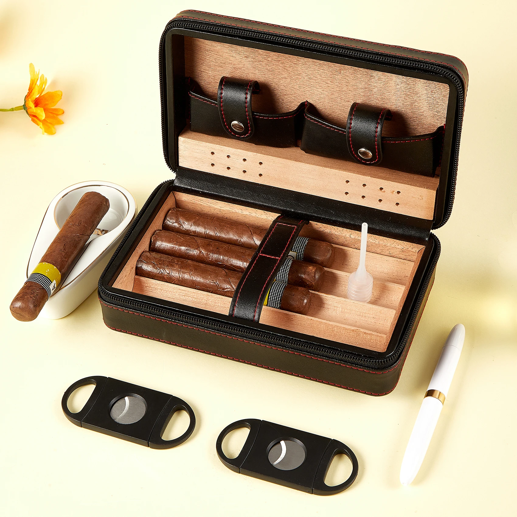 Cigar Humidor, cedar wood leather cigar box, black cigar bag, cigar accessories