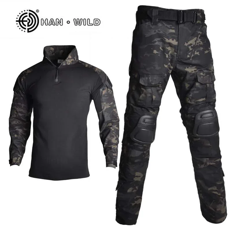 Outdoor Airsoft Paintball Abbigliamento Uniforme da tiro Combattimento tattico Camicie mimetiche Pantaloni cargo Gomito/Ginocchiere Tute