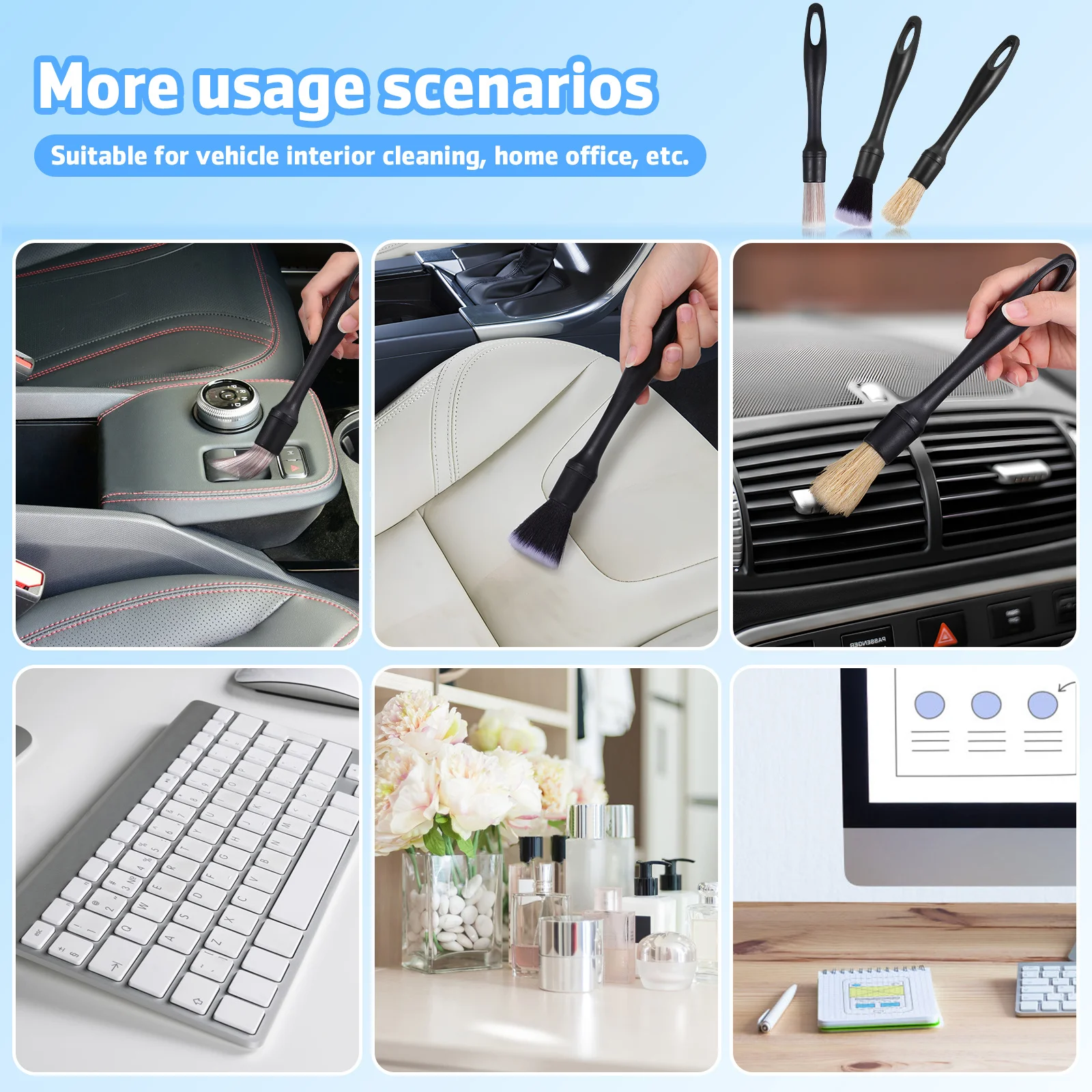 

3Pcs Interior Detail Brush Set Thorough Cleaning No Scratches Versatile Applications Cars Homes Offices Dust Removal Tools