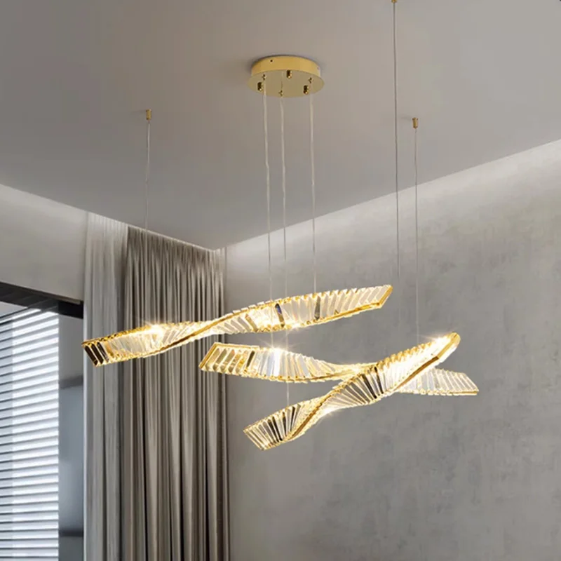 

Modern Crystal Creative Twisted Pendants Luxury Decor for Kitchen Island Living Dining Room Rotating Golden Light Fixture Lamp