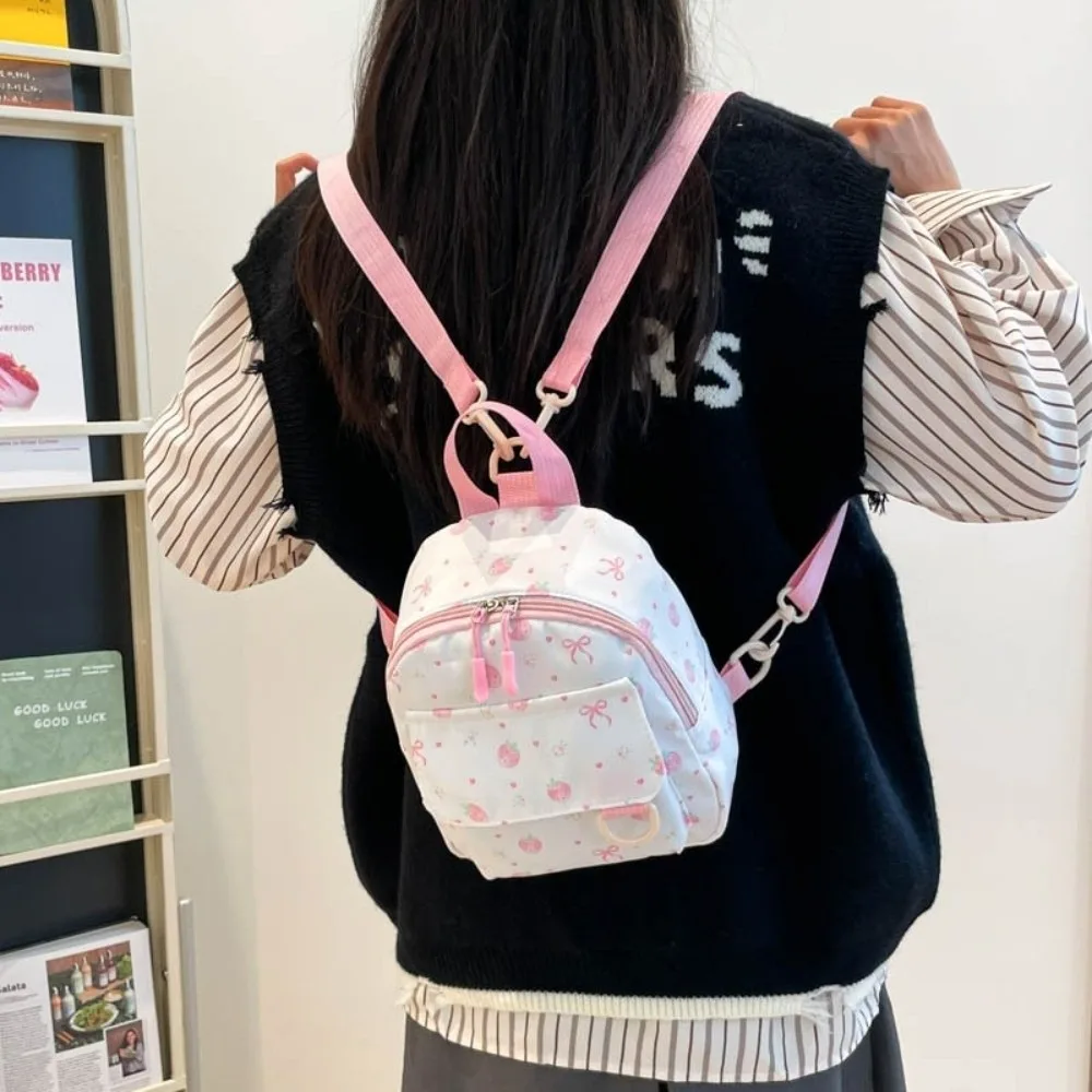 Cute Lightweight Mini Backpack Nylon Strawberry Bowknot Printed Bag Simple Small Daypack Commute