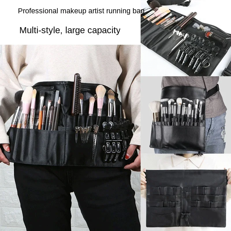 Multi-funktion Große Kapazität Schwarz PU Kosmetik Tasche Taille Tasche Make-Up Pinsel Tasche mit Gürtel für Professionelle Make-Up Künstler