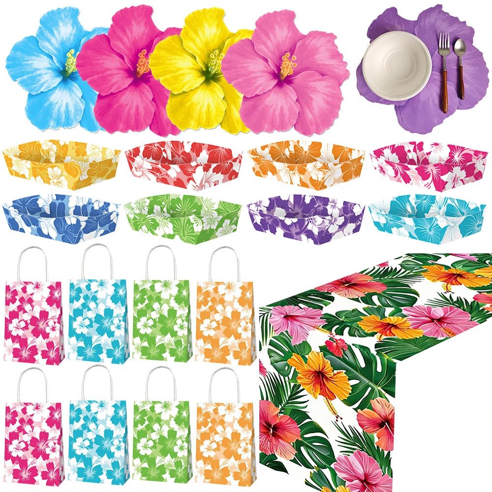 Decoraciones para Fiestas de Verano en Hawái, Caminos de Mesa con Diseño de Hibisco, Manteles Individuales, Bolsas de Papel, Bandejas para Comida, para Decoraciones de Fiestas de Cumpleaños en la Playa Aloha