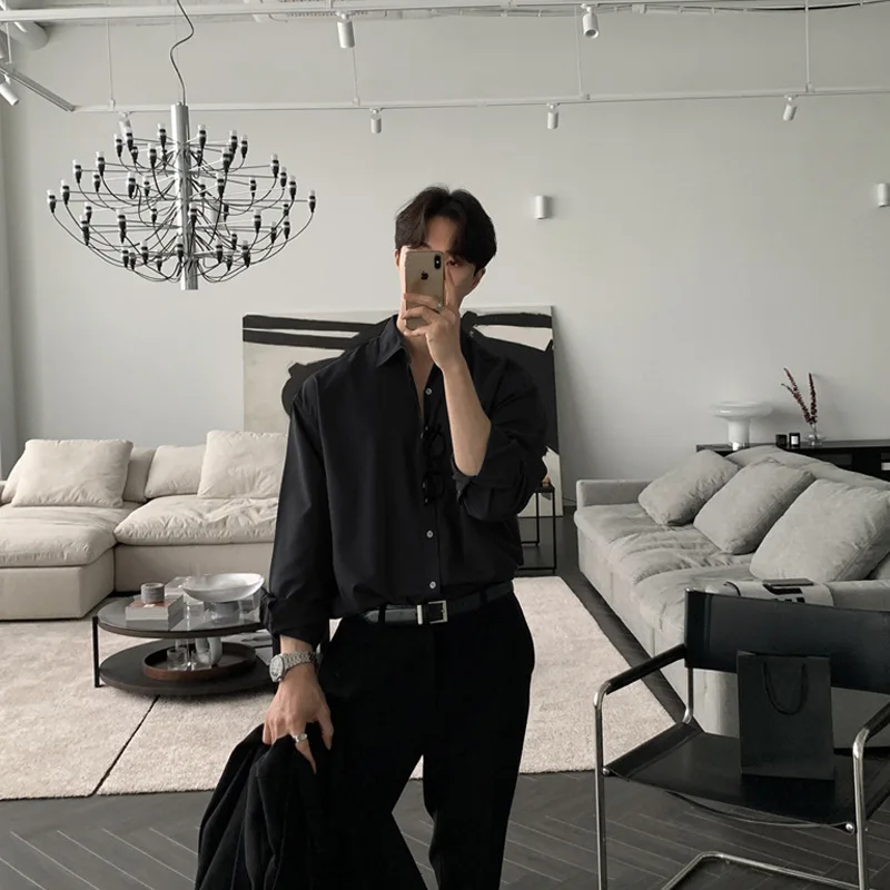 Black Shirt Men's Casual Shirt Turndown Collar Shirt Single Breasted Cardigan Men's Solid Tops Light Breathable Formal Wear