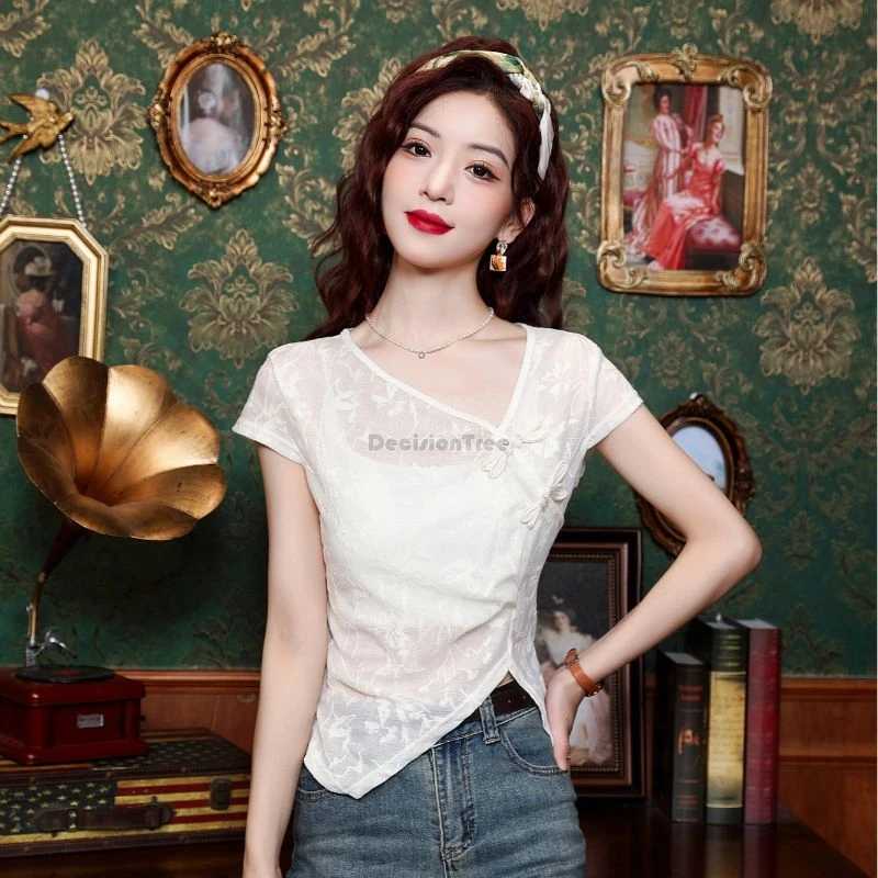 

2025 new traditional chinese style v-neck cheongsam button chiffon short-sleeved shirt irregular design slit top blouse women