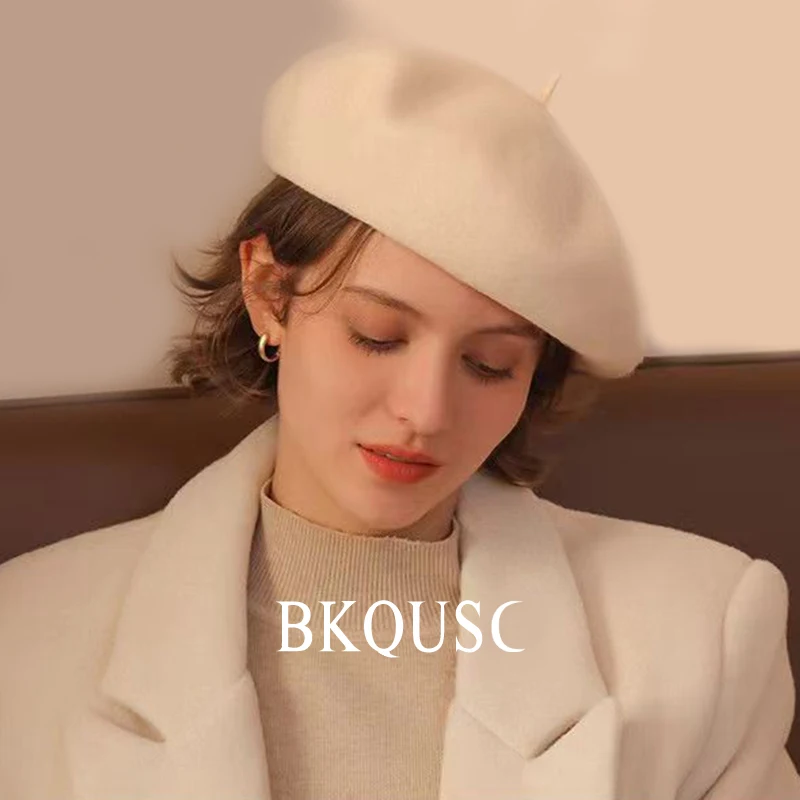 French Elegant Women\'s Wool Beret 55cm-58cm Female Solid Color Soft Wool Painter Hats Winter Warm Literary Beret Caps for Woman