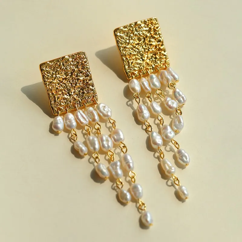 

Luxury Natural Pearl Earrings,Long Chain Pearl 18K Gold Plated Danglel Earrings For High End Women's Ear Accessories