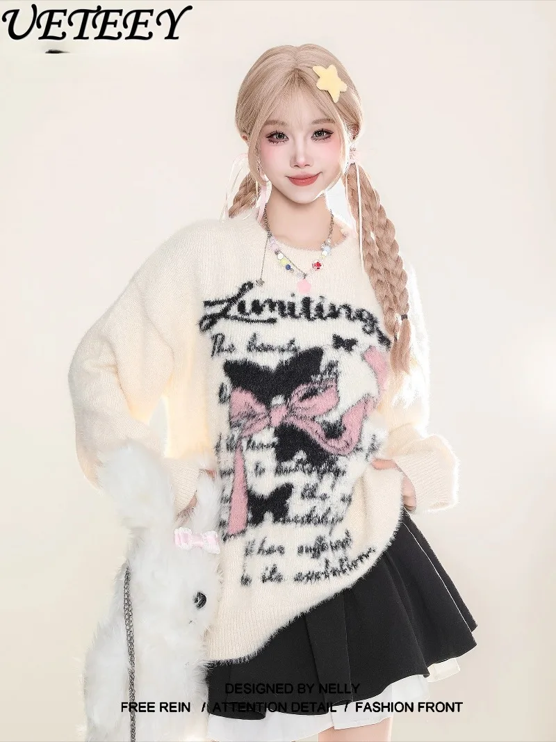 

Autumn Winter New Mohair Sweet Knitted Sweater Women Korean Style Soft Mink Velvet Cartoon Print Round Neck Pullover Top