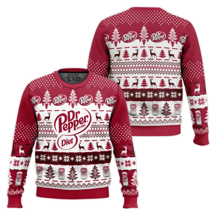 

Dr. Pepper Christmas Ugly Sweater Chili Band Snowflake Reindeer Full Prints Funny Skeleton Red And White Contrast Festival Party