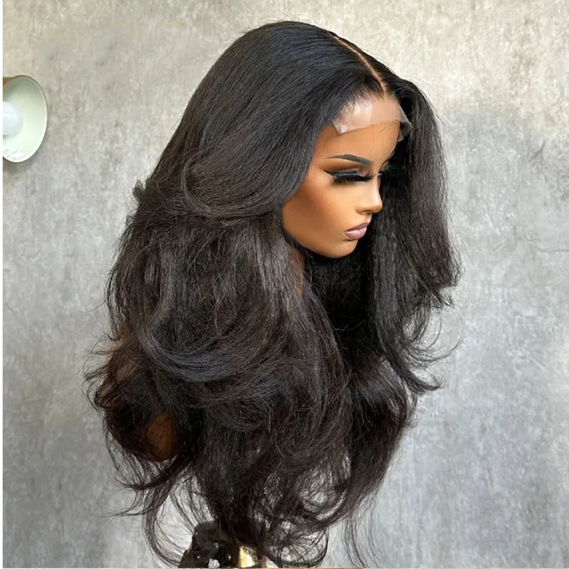Wig Rambut Sintetis Berkualitas Tinggi, Model Body Wave Soft Yaki Preplucked 28 inci, Density 180, Lace Front 13x4, Kinky Straight