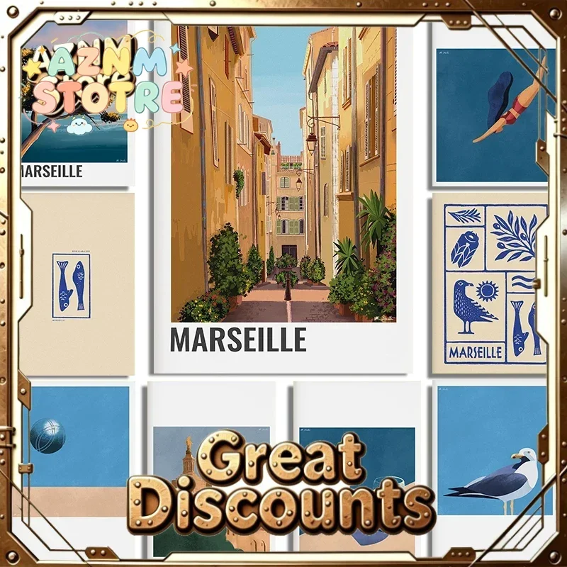 Marseille Nature Poster Birds Prints Boat Paddle Picard Gabian Seagull Diving Canvas Painting Wall Art Pictures Home Room Dec
