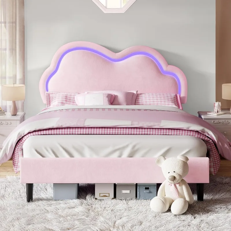 LED Bed Frame Velvet Upholstered Platform Bed with Adjustable Cloud Headboard, No Box Spring Needed, Easy Assembly