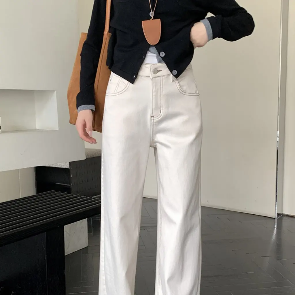 

Fleece-Lined Narrow Jeans Straight Tube Wide Leg Pants for Autumn Winter Fashionable Women's Casual Trousers F102205