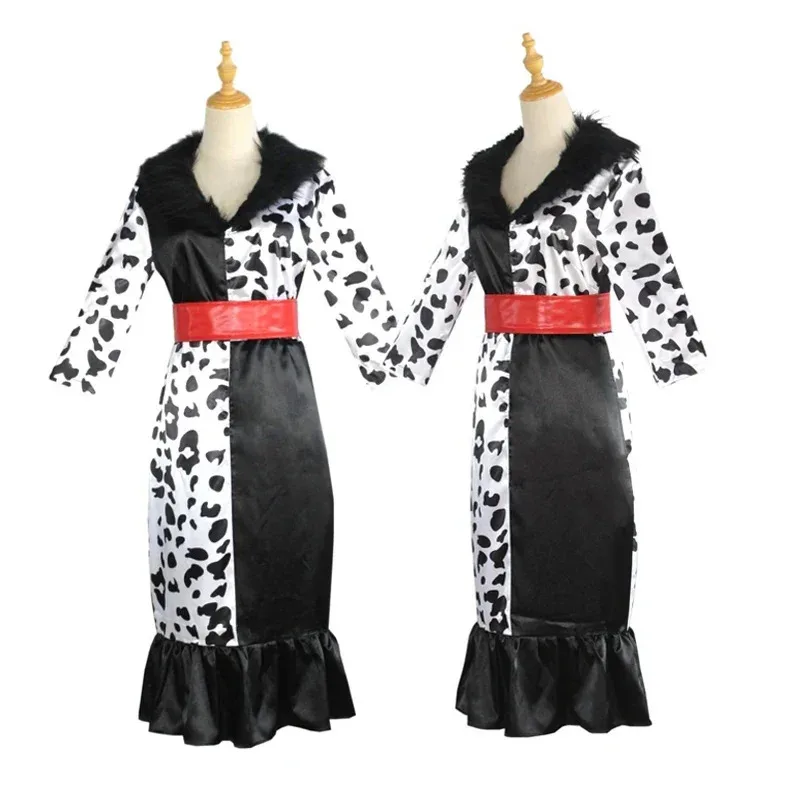 

2025 Girls Women Cosplay Adult Cruella De Vil Mask Necklace Dalmatian Deville Dress Halloween Costume jd;2