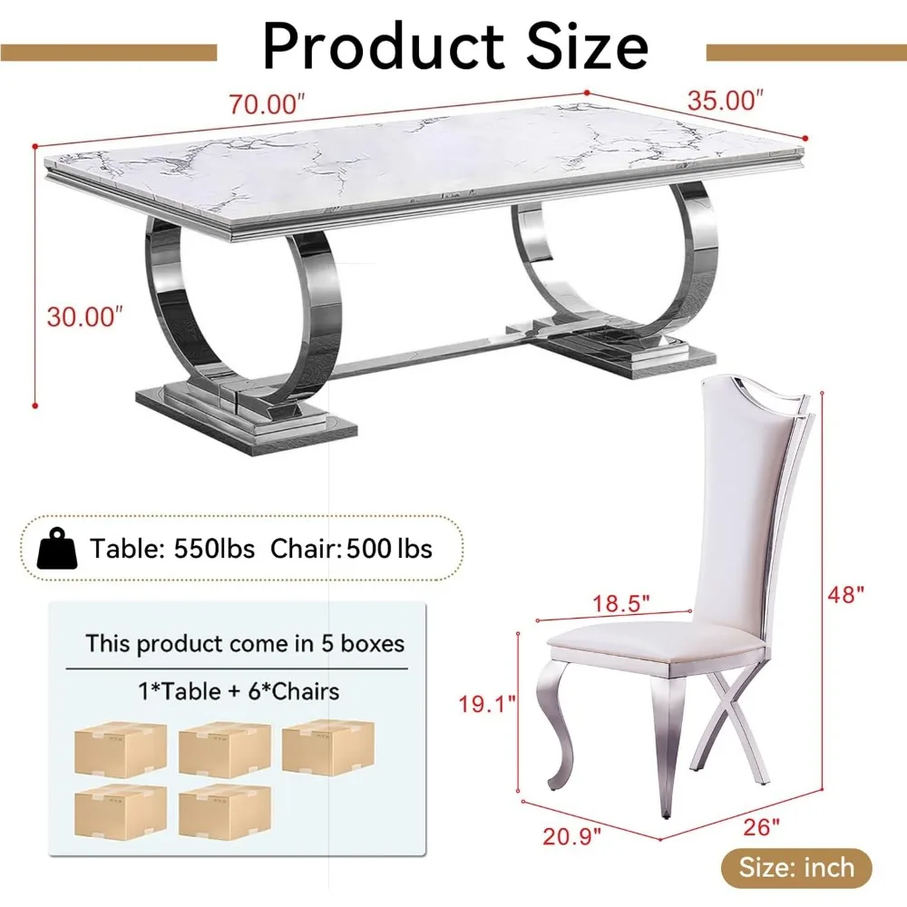 70-calowy luksusowy marmurowy 6-osobowy zestaw stołów do jadalni, stół do jadalni ze sztucznego marmuru z 6 białymi skórzanymi krzesłami do jadalni