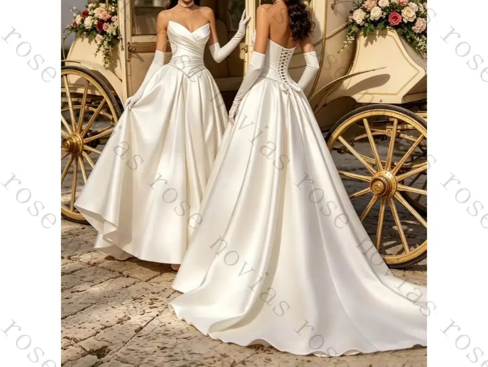 Customized Simple Strapless Satin Wedding Dresses 2026 New Elegant and Sweet Collar with Beaded Waist Belt Ruffle Bridal Gown