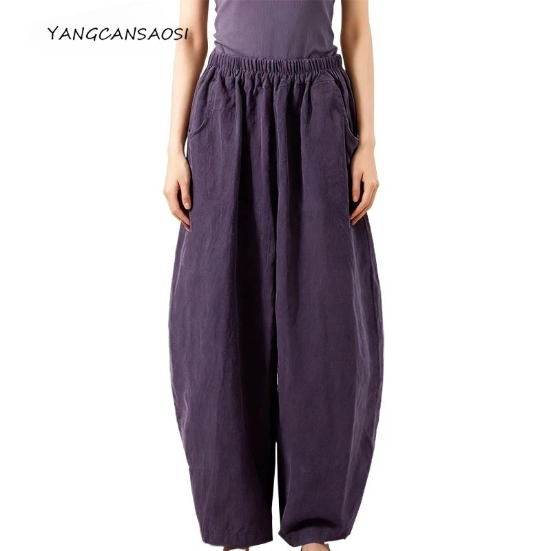 

Women's Fashion Clothing Purple 100% Natural Mulberry Silk Gambiered Guangdong Gauze Retro Elastic Waist Straight Leg Pants