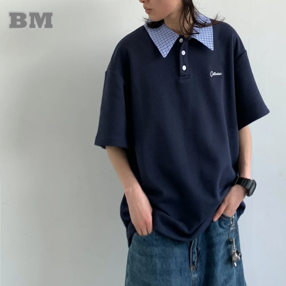 

Korean Streetwear Blue T-Shirt Unisex Summer Vintage Tee Plaid Collar Casual Short Sleeve Tops Preppy Polo shirt For Men Women