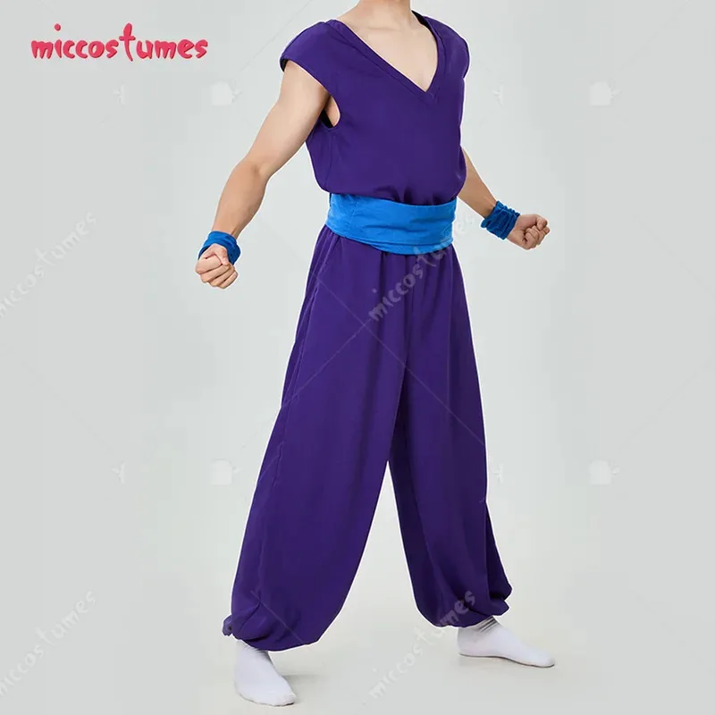 25COSHAIKYUU Men's Gohan Cosplay Costume Top and Pants Set with Belt and Wrist Guards