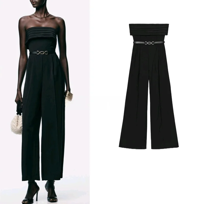 New Autumn Women's Wrap Design Straight Leg Belted Tube Top Pleated One-Piece Suit High Waist Long Pants Polyester Fiber