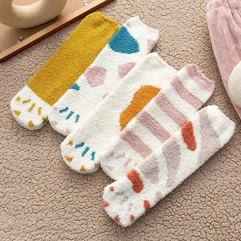 5 Pairs of Kawaii Winter Women's Socks with Thick Warm Coral Velvet Socks Mid-tube Japanese Cartoon Cat Claws Cute Warm Socks