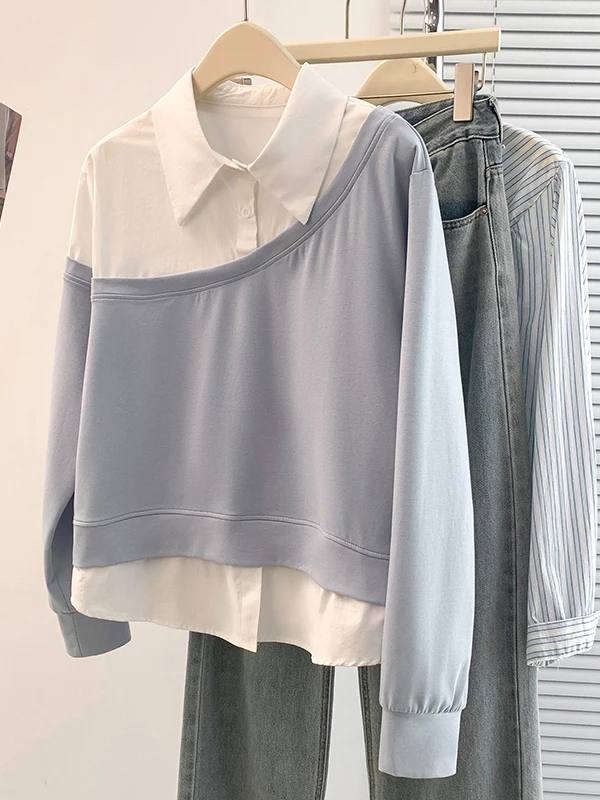 

Women's Casual Sle Long Sve T-irt Collar Color Blo Design Loose Fit Spring Faion Top Large Size irt Collar Blouse