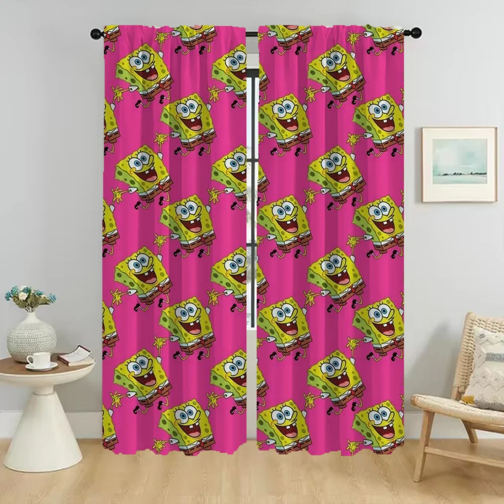 Kitchen Curtains 2 Pieces S-SpongeBobes Partition Curtains Child Room Tulle for Bedroom Window Curtain Shades Living Blackout