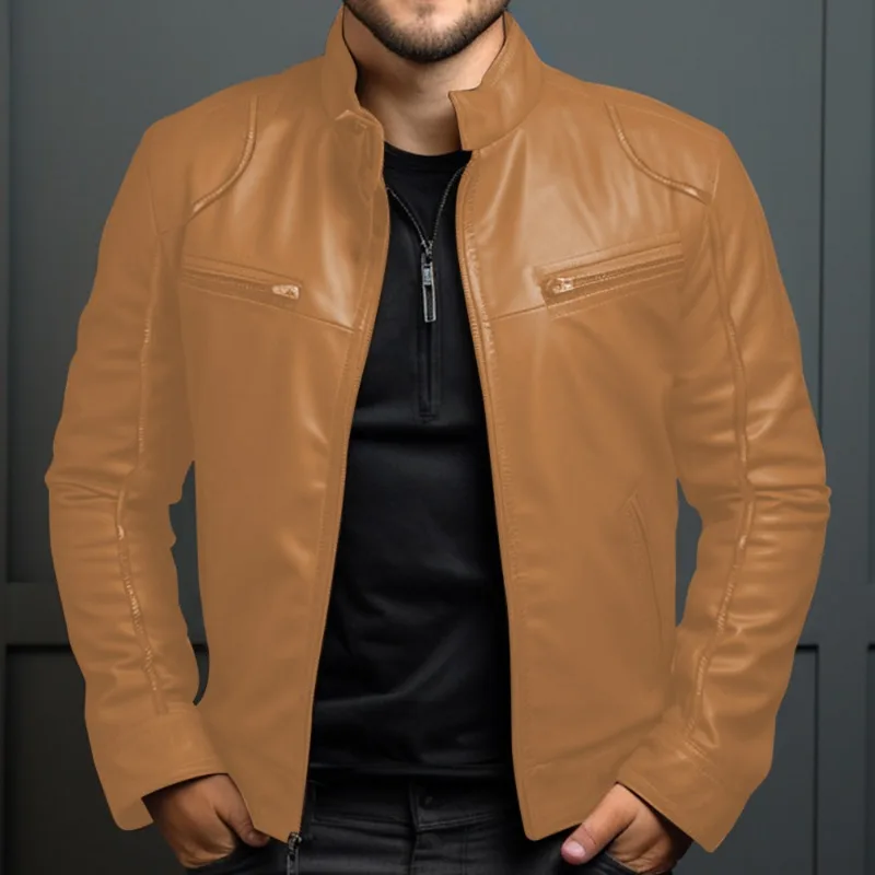 Autumn and Winter Business Gentleman Warm PU Leather Jacket Standing Collar Slim Zipper Pocket Decorative Leather Coat