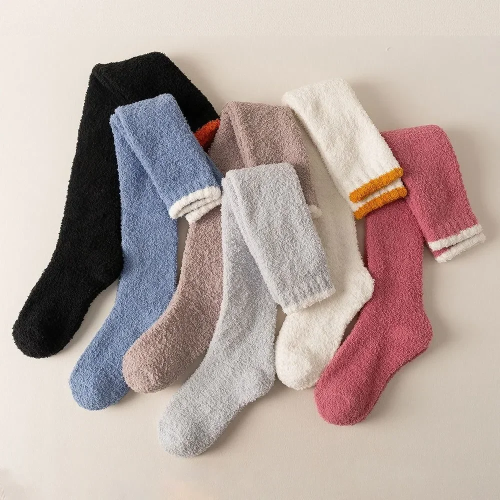 

1 Pair Women Winter Warm Coral Fleece Over-knee High Socks Plush Home Sleep Floor Long Socking Jk Solid Soft Thigh High Sock