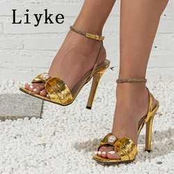 Liyke 2024 New Fashion Pearl Leather Narrow Band Women Sandals Sexy Snake Print Square Toe Crystal Rhinestone Shoes High Heels