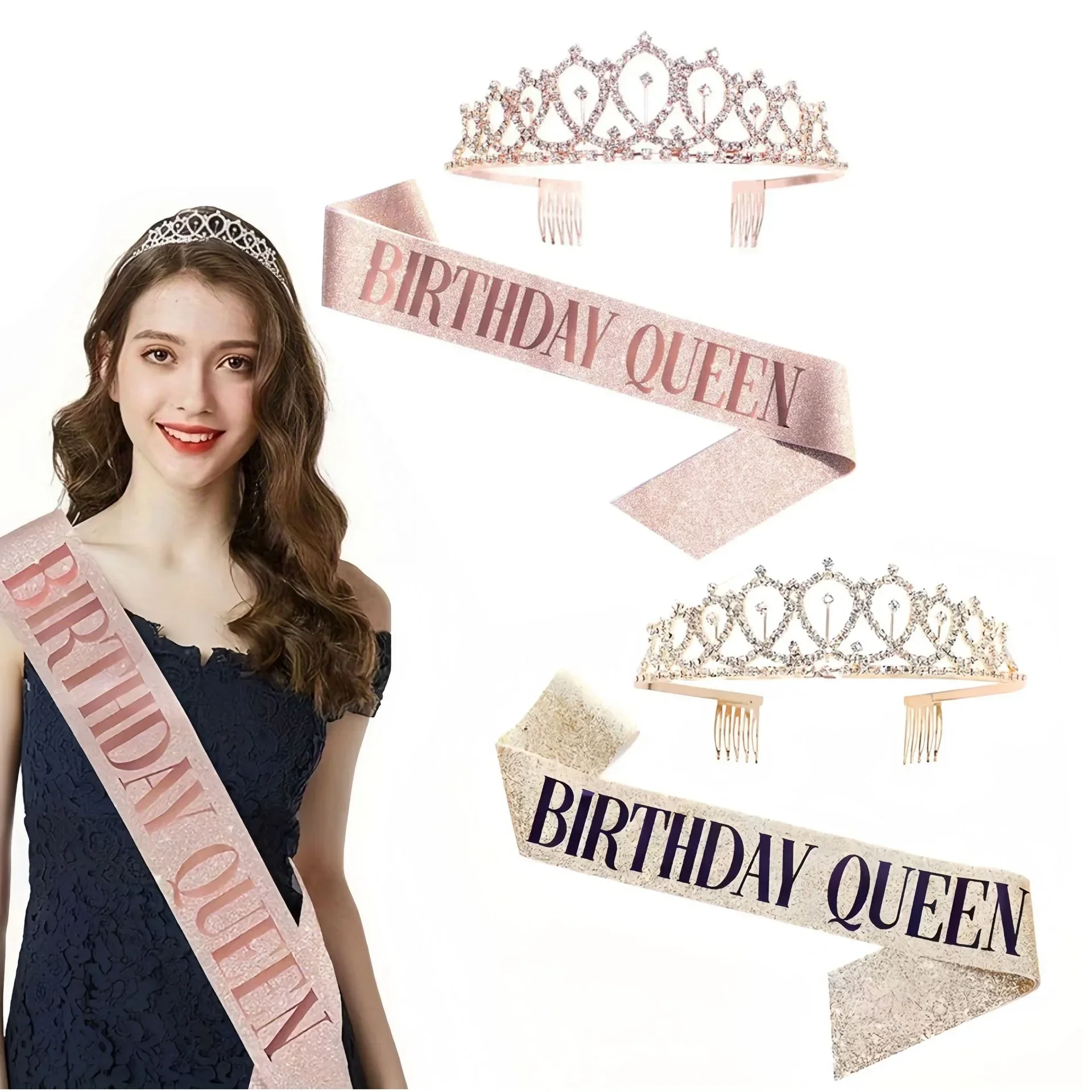 

Bling Rhinestone Crystal Crown Birthday Anniversary Decoration Happy 18 21 30 40 50th Satin Sash Party Supplies