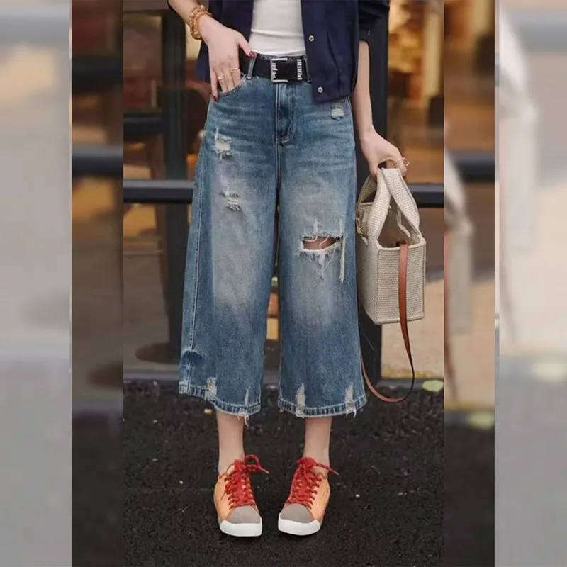 Ripped Jeans Women's 2026 Summer New High-waisted Retro Straight-leg Pants
