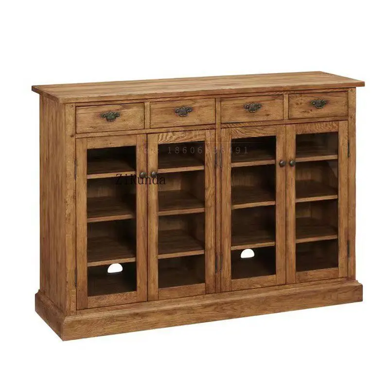 Solid Oak Side Cabinet Four Drawers Four Transparent Glass Doors Apartment Dining Table Chair Combination Kitchen