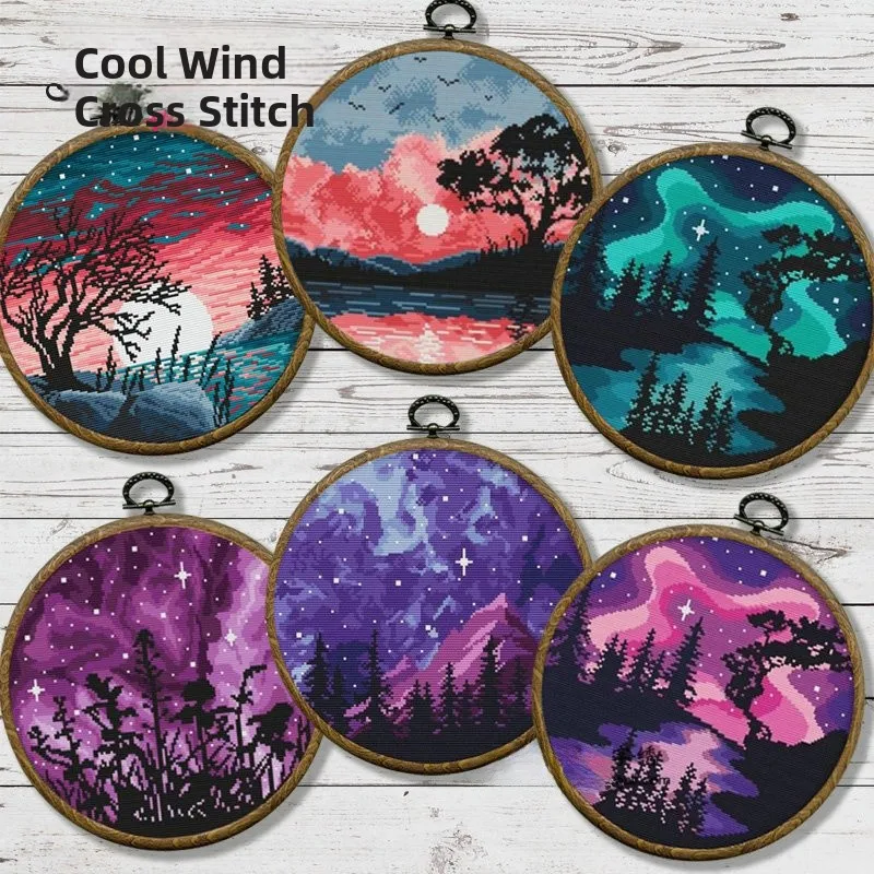 

Aurora Sunrise Sunset Cross Stitch Kit Living Room New Style round Landscape Print 14CT DMC Thread Home Fabric Sewing DIY