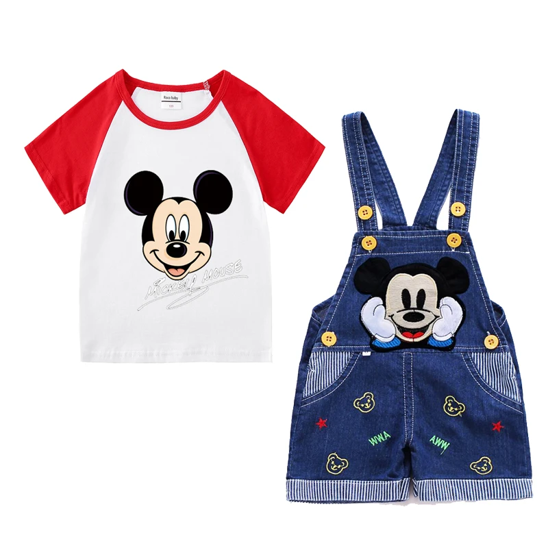 Ropa de Mickey Mouse para bebé, camiseta de algodón + cinturón, pantalones cortos de mezclilla, conjunto infantil para niños de 1 a 4 años, conjunto de Ropa de verano