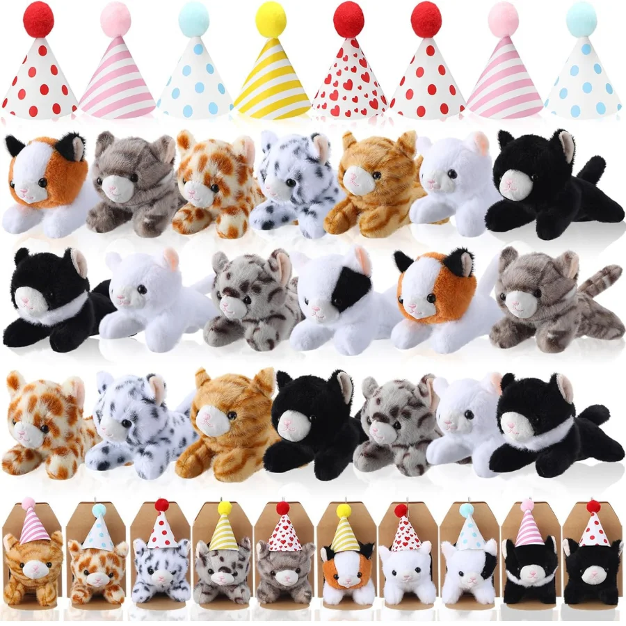 

10-30Sets Adopt A Kitten Party Favors Cat Stuffed Animals Lying Style Plush Cat with Birthday Hats Paper Box for Birthday Party