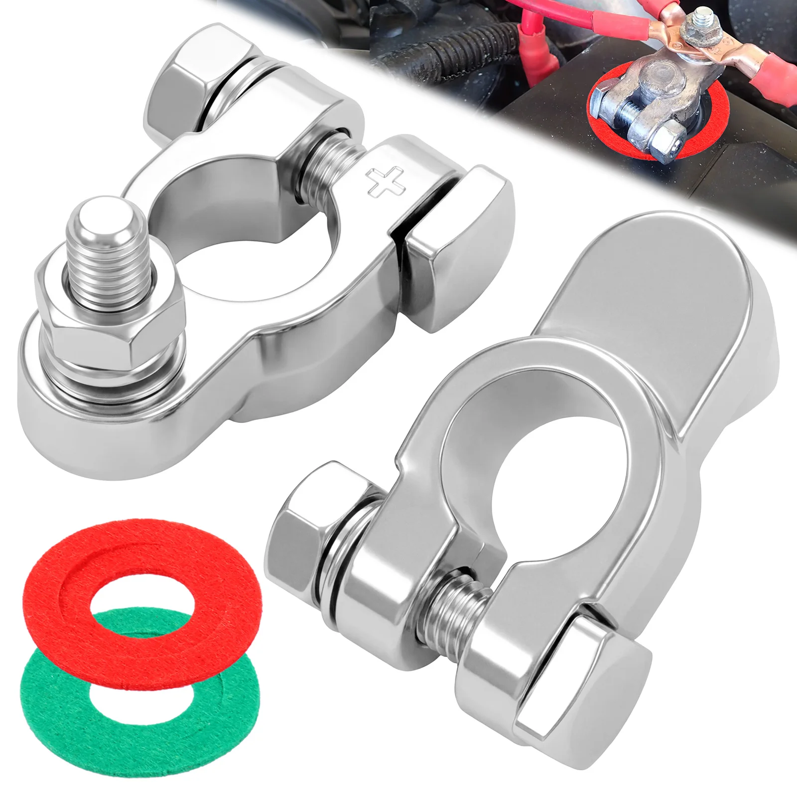 

2Pcs Copper Battery Terminal Connectors Heavy Duty Positive Negative Car Boat RV Cable Ends Anti-Corrosion Fiber Washers Kit