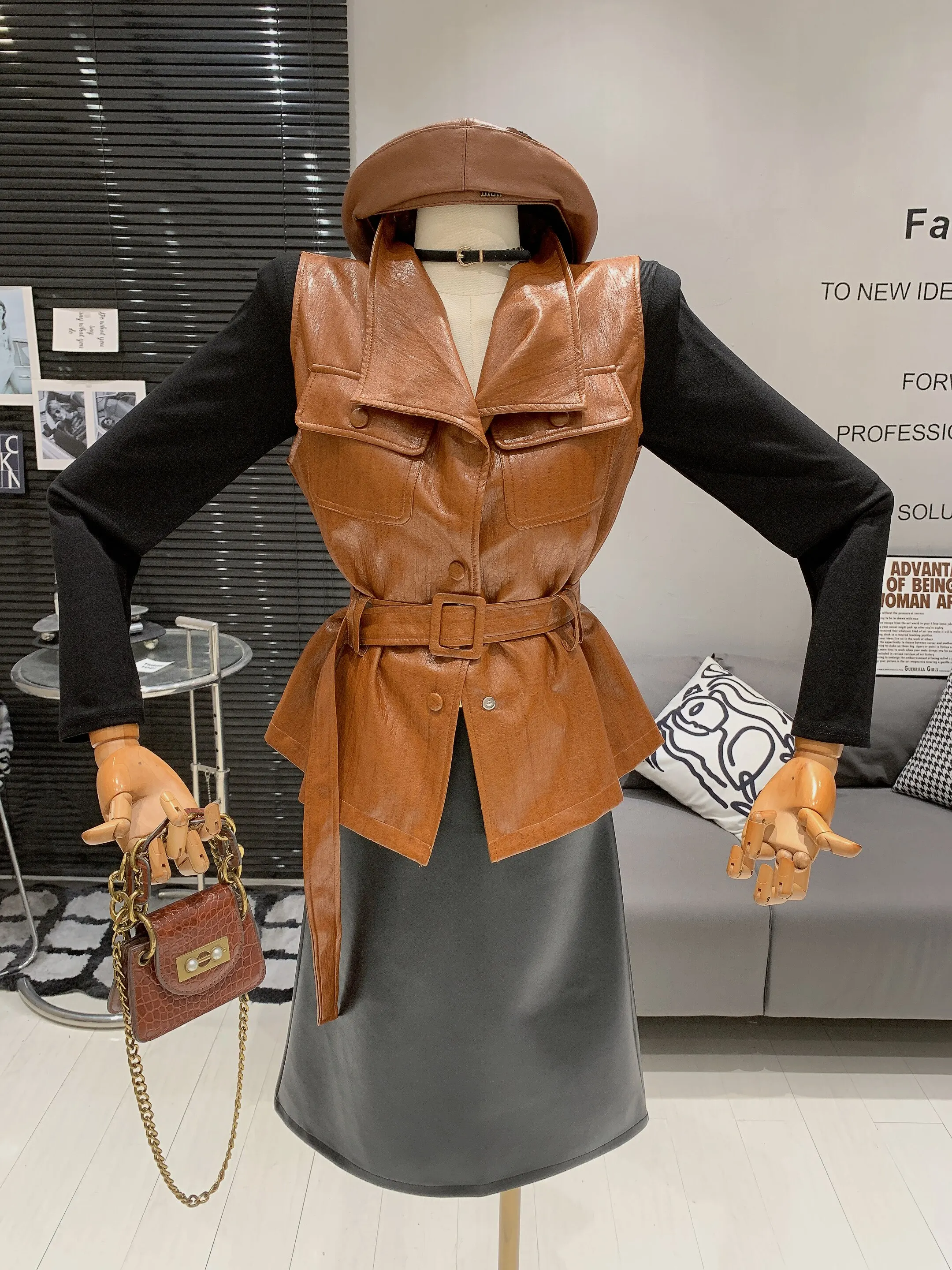 Women's Autumn Winter Pu Leather Sleeveless Vest Jacket With Belt Lady Streetwear Solid Color Single Breasted Faux Leather Vest