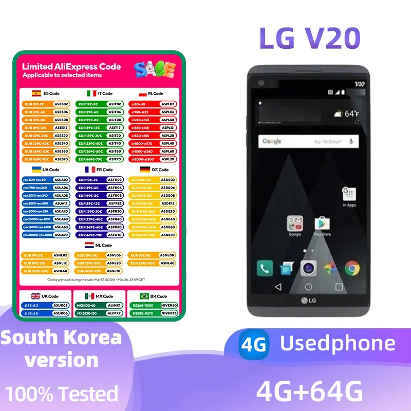 LG V20 4G SmartPhone CPU Qualcomm Snapdragon 820 Battery capacity 3200mAh 16MP Cameraoriginal used phone