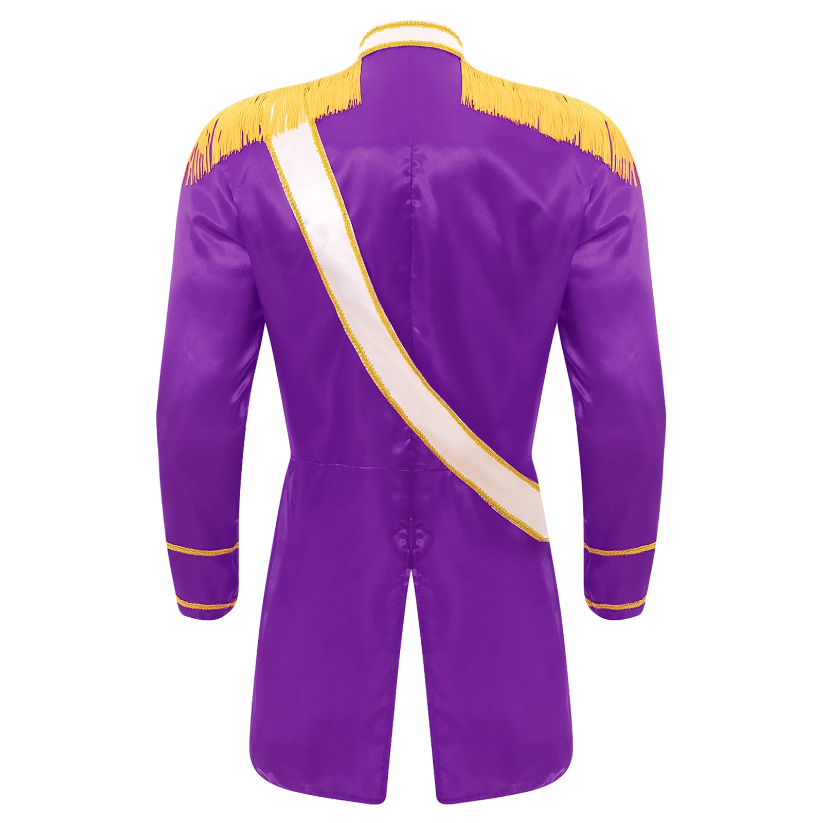 Mens Circus Ringmaster Costume Long Sleeve Irregular Hem Jacket Prince Outerwear with Sash Gold Braided Trim Satin Tailcoat