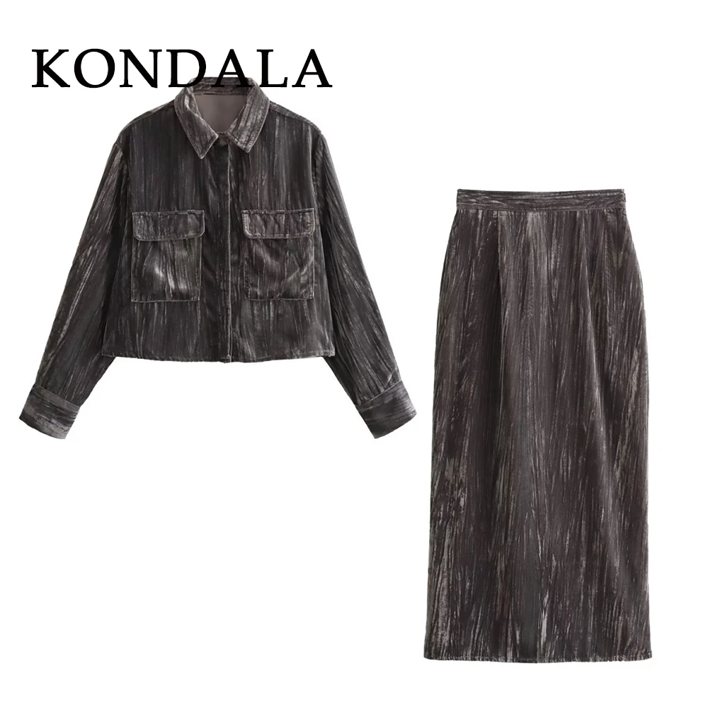 

KONDALA Chic 2025 Autumn Woman Velvet Suits Single Breasted Pocket Short Shirt+Zipper Sheath Long Skirt Night Party Female Set