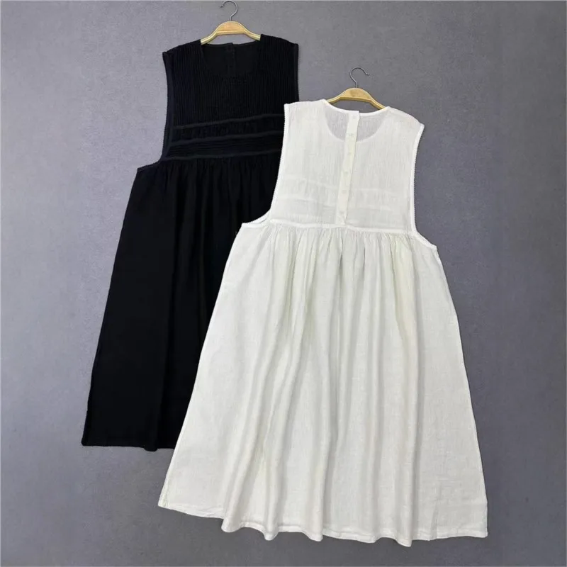 Johnature japonês doce linho plissado de cintura alta sem mangas vestido primavera verão novo solto em camadas plissado vestidos femininos