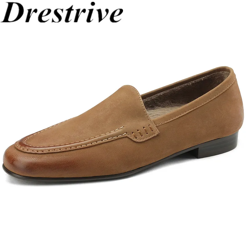 

Drestrive 2023 Women Pumps Sheepskin Round Toe Casual Shoes Thick Low Heels Loafers Dark Brown Mature Shallow