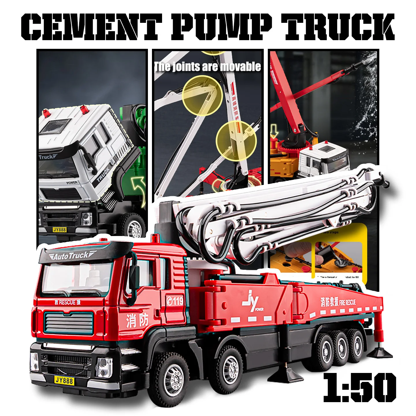 Modèle en alliage de camion pompe à ciment 1:50, ornements de table uniques, meilleurs objets de collection pour les amateurs de modèles de voitures, cadeaux de jouets d'Halloween