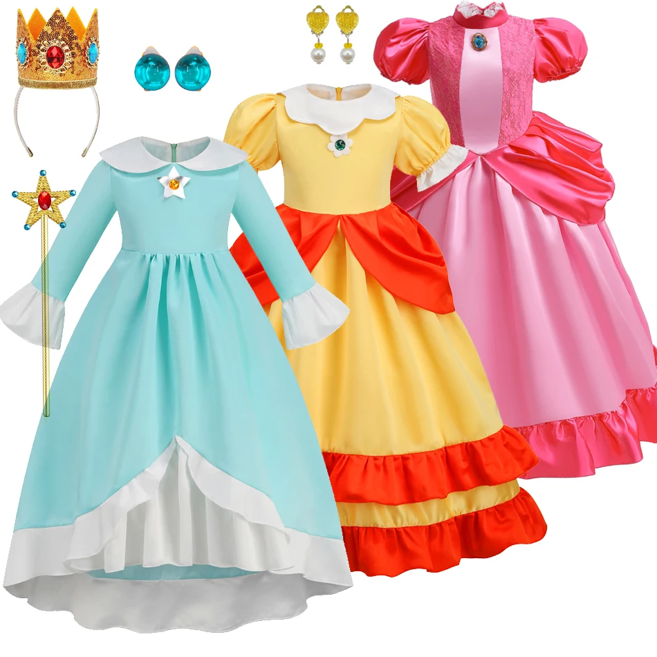 

Girl Rosalina Peach Princess Dress For Kids Halloween Pink Disguise Daisy Cosplay Clothing Birthday Vestido Halloween Carnival