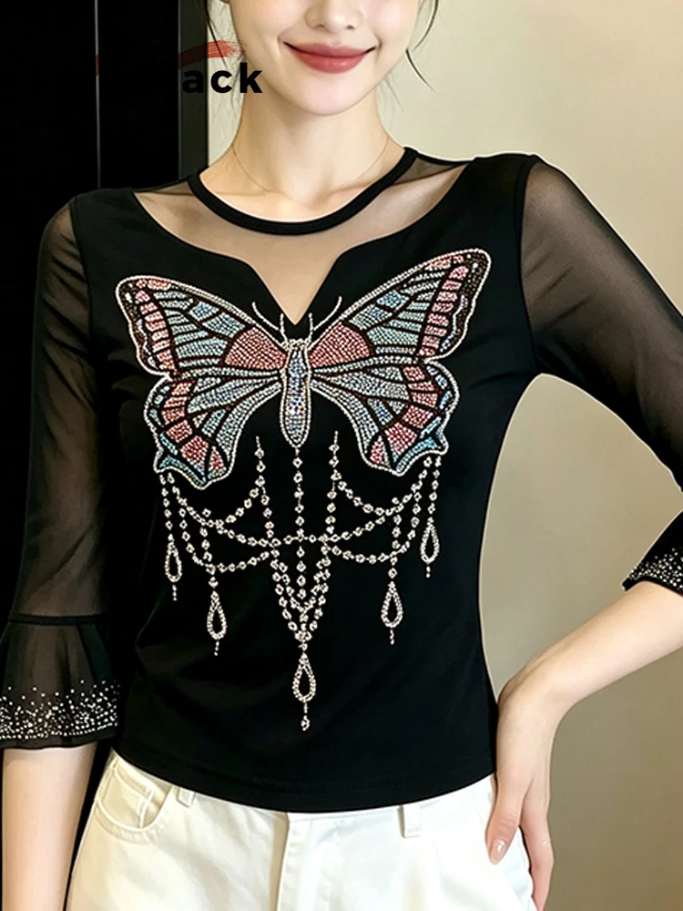 MadBlack-Women European T-Shirt, Sexy O Neck Diamond, Hotsweet Butterfly Sleeve Slim Mesh M-3XL Tee, 2026 Autumn New T68641CC