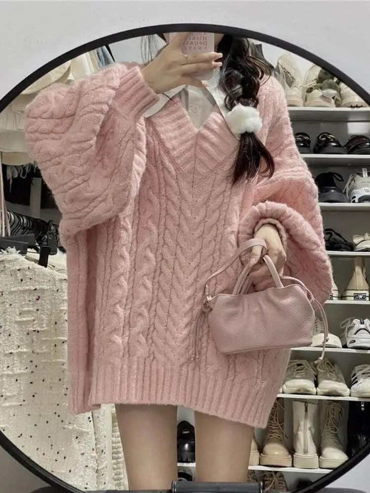 

Pink Autumn Winter Thiened Warm V-ne Soft Twisted Sweater Women's Loose Knitted Top Korean Sle Casual Faion Polyester...