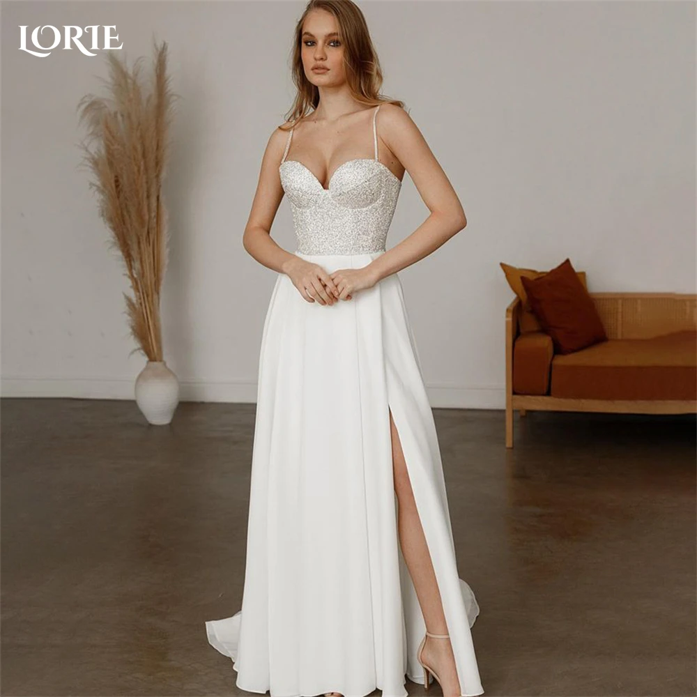 LORIE Glitter Elegant Wedding Dresses Spaghetti Straps A-Line Side Slit Sweetheart Bridal Gowns Backless Princess Bride Dress