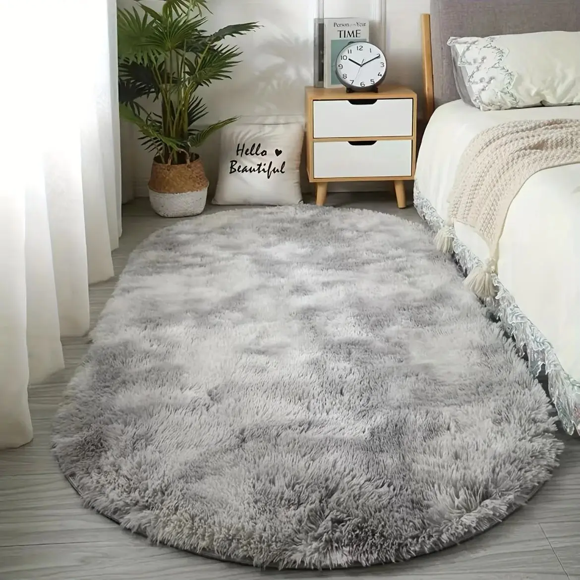 VIKAMA Non-slip Tie Dye Oval Shag Rug Soft Long Fur for Bedroom Floor Decor